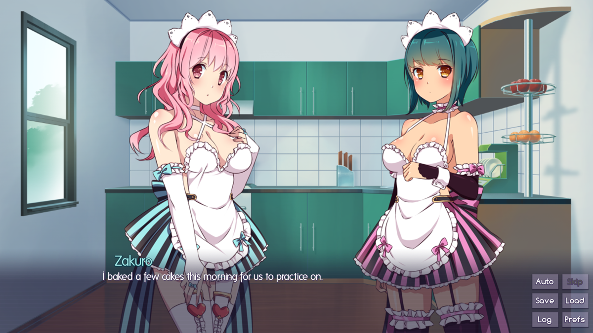 Sakura Sweetheart (Windows) screenshot: The girls in the kitchen, ready to put icing on the cakes