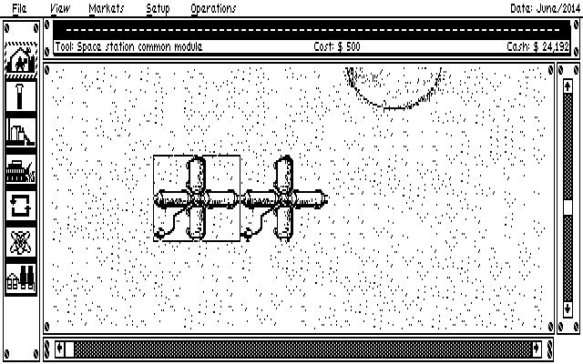 Moonbase (DOS) screenshot: Establishment of a space station common module (CGA/Tandy)
