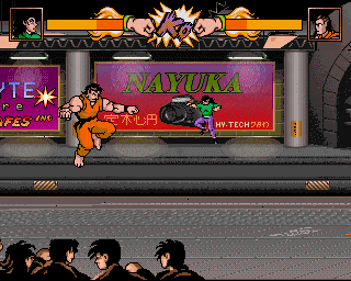 Tube Warriors (Amiga) screenshot: Taking the fight to the background.