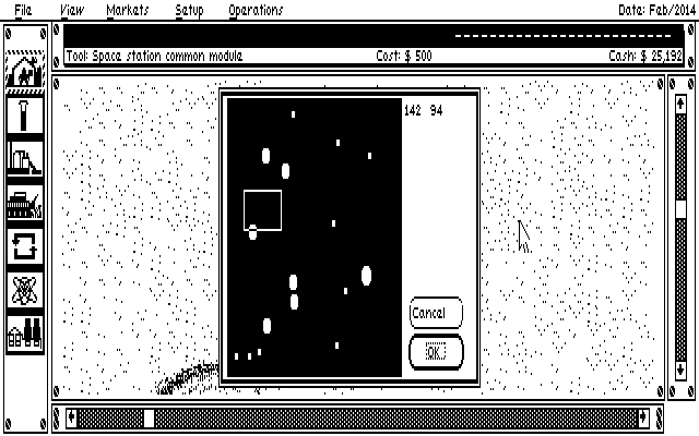 Moonbase (DOS) screenshot: Mini-map of the moon / Zoom Out (CGA/Tandy)