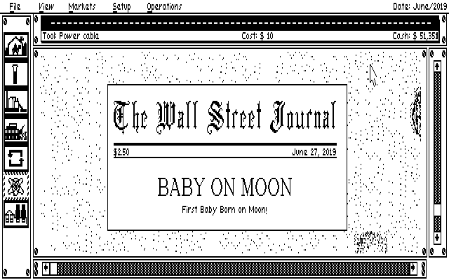 Moonbase (DOS) screenshot: Almost 240,000 miles from the earth, the newspaper deliveries continue (CGA/Tandy)