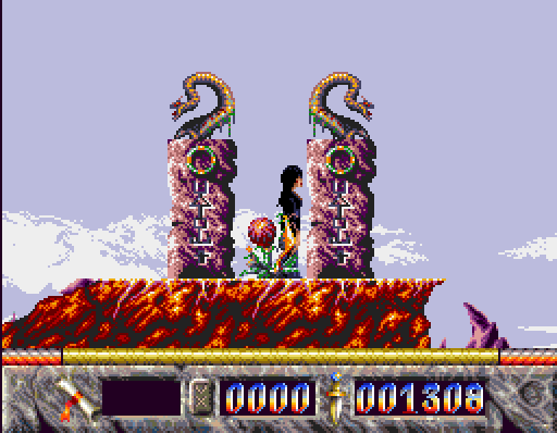 Elvira: The Arcade Game (Amiga) screenshot: Between two columns