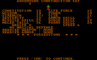 Stuart Smith's Adventure Construction Set (DOS) screenshot: Character Profile (CGA)