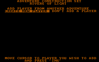 Stuart Smith's Adventure Construction Set (DOS) screenshot: Menu for "Rivers of Light" (CGA)