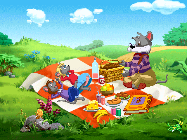 Magic Tales: Imo & the King (Windows) screenshot: Grandpa Mouse and his grandchildren are having a picnic. Unfortunately, soon he starts putting all those colourful food items back into the basket...
