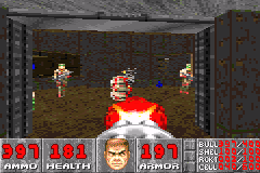 Doom (Game Boy Advance) screenshot: Exploding barrel can kill some enemies.