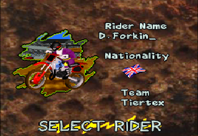 Supercross 3D (Jaguar) screenshot: Before you start any more, you can change the color of your rider, enter your name and nationality.