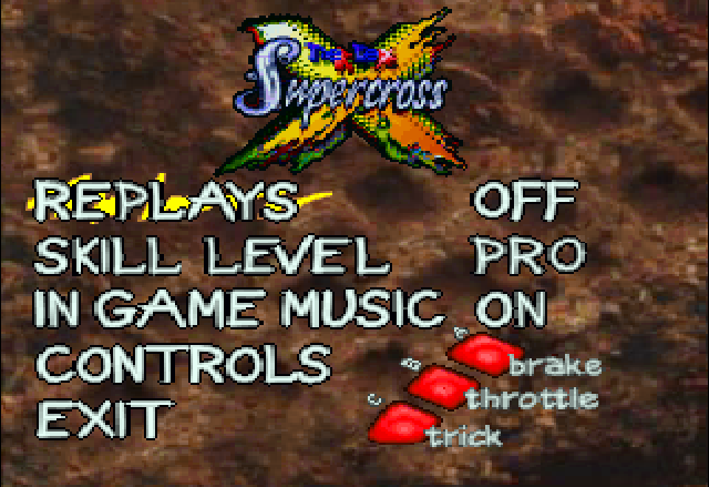 Supercross 3D (Jaguar) screenshot: Options screen - You can turn on the replays, set up the difficulty and controls to your style.