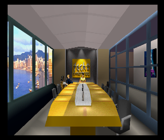 Manic Game Girl (PlayStation) screenshot: The in-game introduction opens with a board meeting at Gecko Enterprise, about to test their new product.