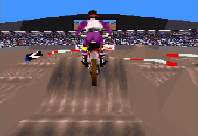 Supercross 3D (Jaguar) screenshot: By holding down on the controller, you can do wheelies and if you do it right, you can launch straight up and do tricks...