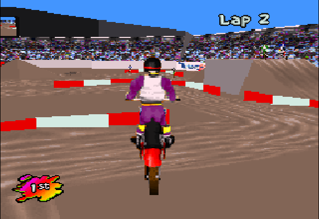 Supercross 3D (Jaguar) screenshot: If you time it right, you can cross gaps by jumping on small hills, saving time in the process.