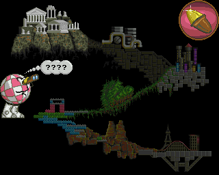 Extasy (Amiga) screenshot: Map of the game world. The balloon will contain the password to resume from the last completed stage.