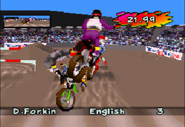 Supercross 3D (Jaguar) screenshot: Doing a trick, while a rider gets wiped out. Oh yeah, eat dirt baby!
