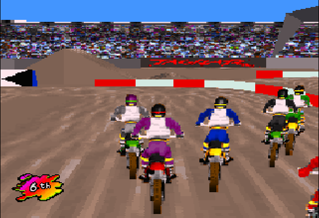 Supercross 3D (Jaguar) screenshot: Starting the race on tournament mode. Get used to get jumbled at the start of each race...