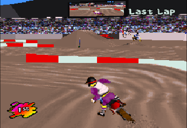 Supercross 3D (Jaguar) screenshot: "Whoa, big turn!"