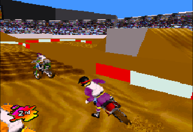 Supercross 3D (Jaguar) screenshot: Crossing a technical turn and gettin' ready for small dirt waves.
