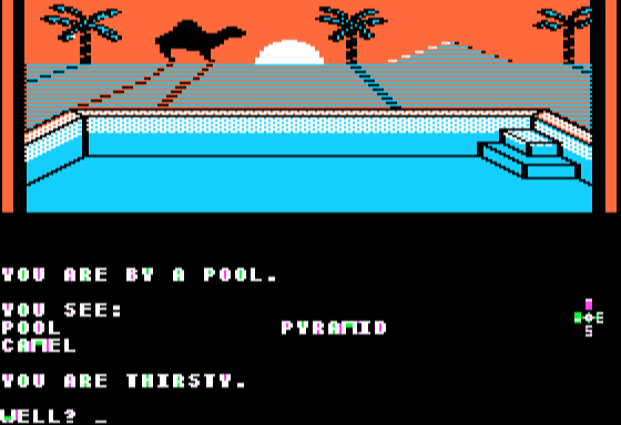 The Sands of Egypt (Apple II) screenshot: Oh thank goodness...the Oasis