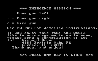 Emergency Mission (DOS) screenshot: Instructions and information