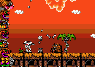 DEcapAttack (Genesis) screenshot: Chuck is being chased by a giant totem pole.