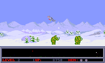 Space Ranger (Amiga) screenshot: Level two is an ice world with monsters that throw rocks at you.