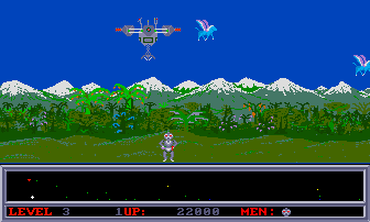 Space Ranger (Amiga) screenshot: Level three has forests and mountains.