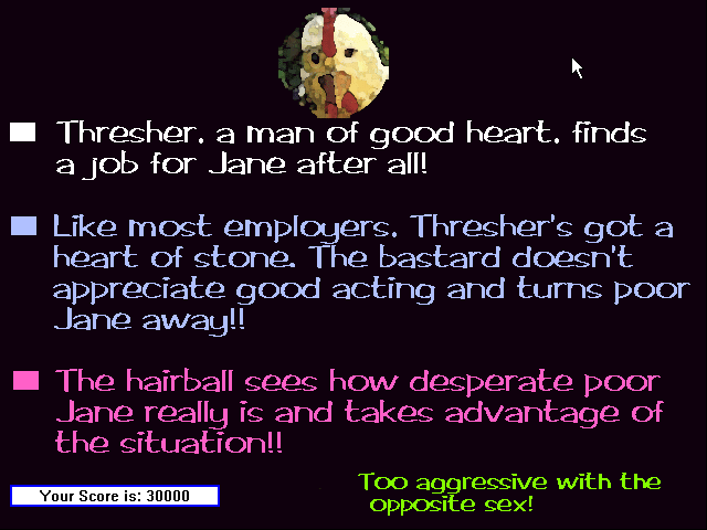 Plumbers Don't Wear Ties (Windows 3.x) screenshot: Should Thresher give Jane the job or not?