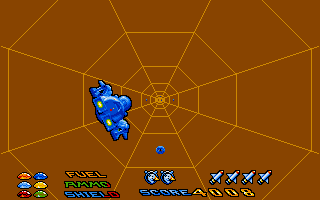 Stargoose Warrior (Amiga) screenshot: Spin around to collect ammo. There are similar tunnels for fuel and shields.