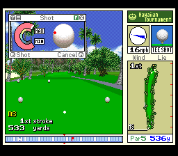 True Golf Classics: Waialae Country Club (SNES) screenshot: Hit the ball when the red dot lands on the place the player wants to hit