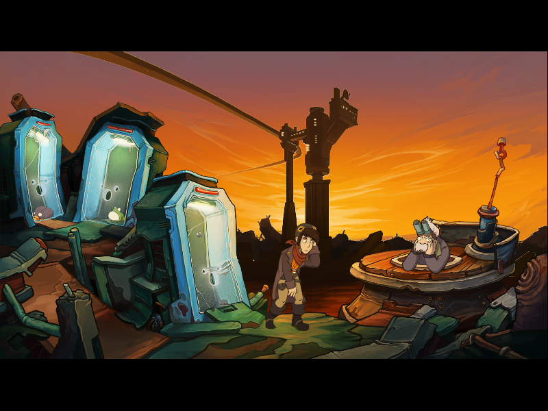 Chaos on Deponia (Windows) screenshot: Under the blast tower, which again means close to a means of transport to Elysium... still, I get the impression that at this point Goal and saving Deponia are becoming more important to Rufus.