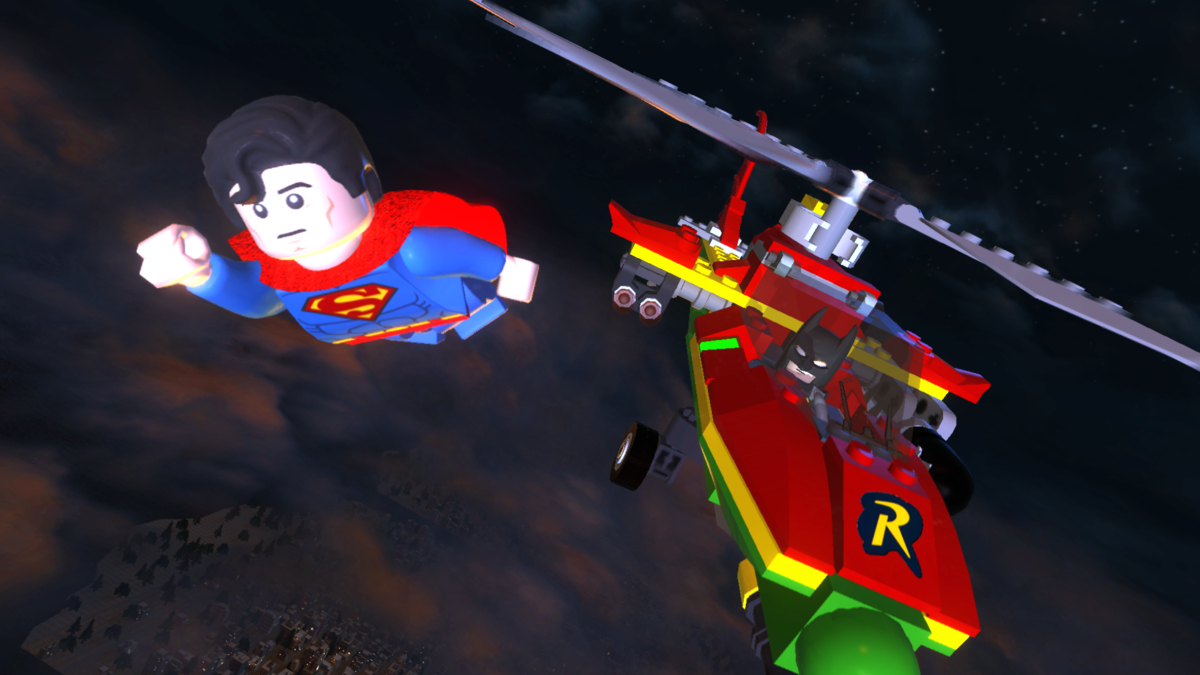 LEGO Batman 2: DC Super Heroes (Windows) screenshot: Superman and Batman in Robin's helicopter to the rescue