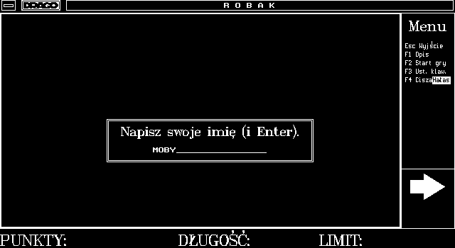 Robak (DOS) screenshot: Name entering