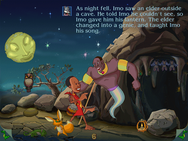 Magic Tales: Imo & the King (Windows) screenshot: Night falls and Imo helps an elder by offering his lantern to him. The elder turns out to be a genie...