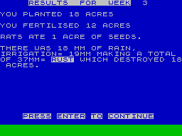 Farmer (ZX Spectrum) screenshot: Results (16 KB version)