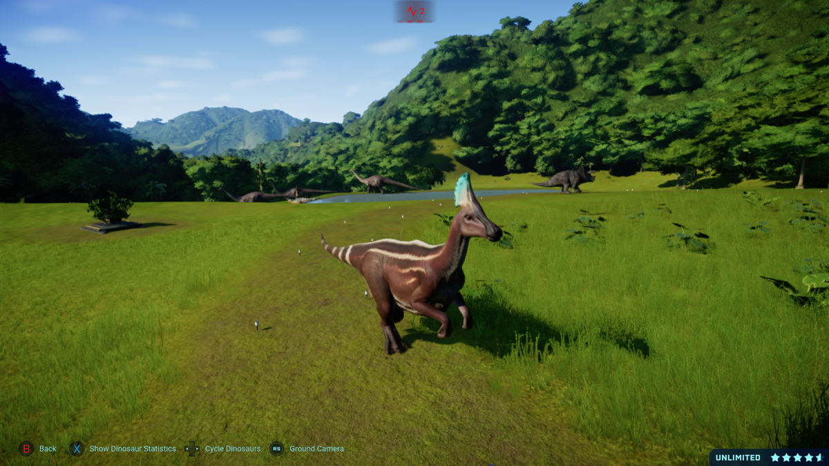 Jurassic World: Evolution - Secrets of Dr. Wu (Xbox One) screenshot: An Olorotitan walking on a gyrosphere route