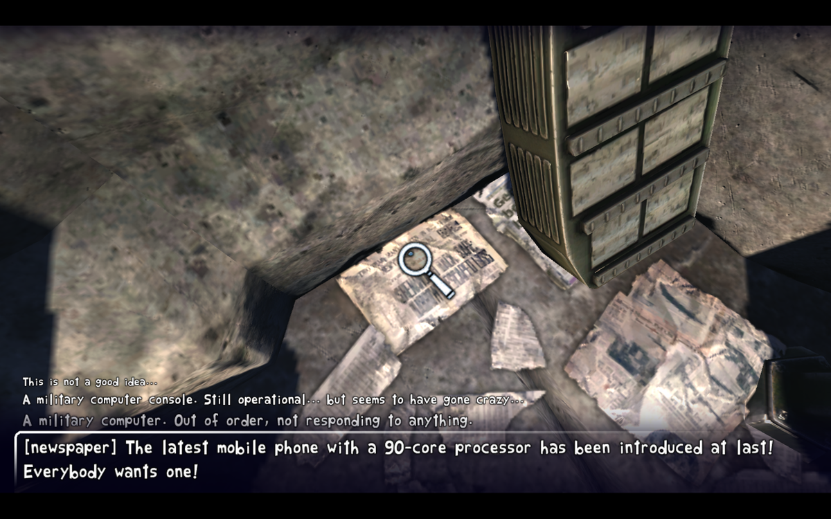 Dead Cyborg: Episode 2 (Windows) screenshot: Newspapers are scattered around and advance the story line.