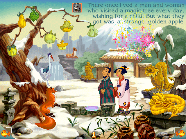Magic Tales: The Little Samurai (Windows) screenshot: The couple brings an offering to the magic tree. Click, click, click everything - you will hear more beautiful Japanese music.