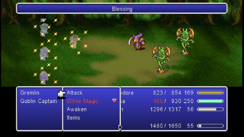 Final Fantasy IV: The After Years (Wii) screenshot: A fight further in the game (Kain's Tale) - Rosa casts Blessing