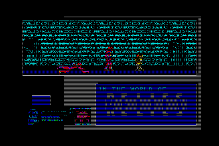 Relics (Sharp X68000) screenshot: The difference between the dead and living soldier is the weapon (I have a gun now)