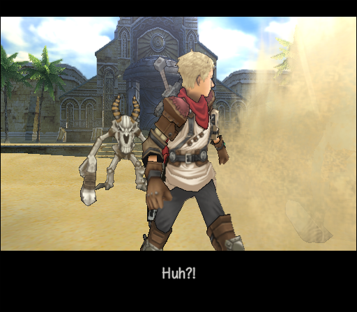 Rogue Galaxy (PlayStation 2) screenshot: As per JRPG law, the hero's little home town is attacked by monsters.