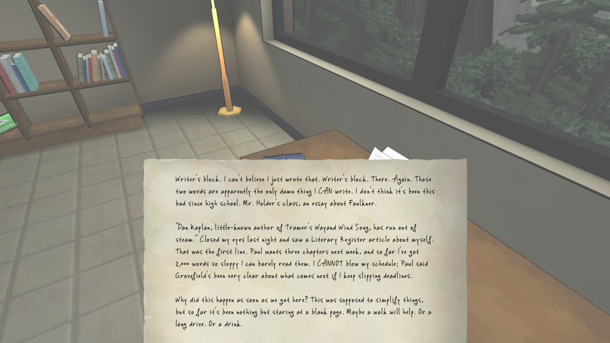 The Novelist (Windows) screenshot: There are notes and letters all over the house