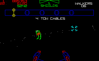 Star Wars: The Empire Strikes Back (Amiga) screenshot: The Empire invades with Scout Walkers and ATATs. You have four tow cables you can use to take down the ATATs.