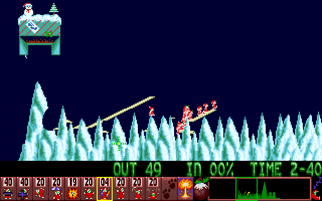 Holiday Lemmings (Amiga) screenshot: Level 7 is tricky to negotiate.
