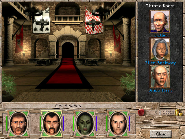 Might and Magic VII: For Blood and Honor (Windows) screenshot: Ambassadors await the party in a newly transformed throne room at Harmondale castle.