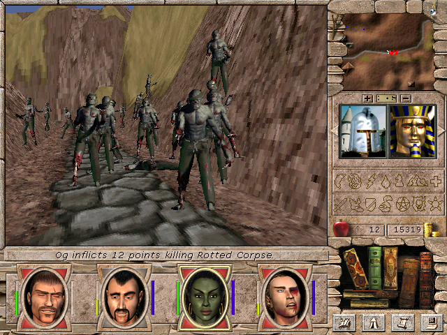 Might and Magic VII: For Blood and Honor (Windows) screenshot: This is what happens when the party refuses to pay a "Necromancer's Tax", aka: a shakedown attempt...