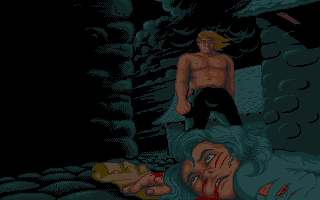 Wrath of the Demon (Amiga) screenshot: A dead body with a note!