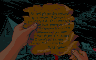 Wrath of the Demon (Amiga) screenshot: A kingdom needs help.