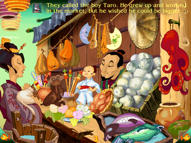 Magic Tales: The Little Samurai (Windows) screenshot: A snack made of sticky rice is a large object for a doll-sized child, trying to pick up a fish would be even dangerous...