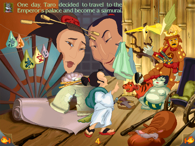Magic Tales: The Little Samurai (Windows) screenshot: Click on the decorations! It's just a pity that - unlike in Humongous Entertainment games, for example - only one such animated sequence can be watched at the same time.