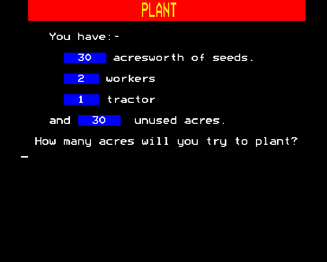 Farmer (BBC Micro) screenshot: Planting seeds