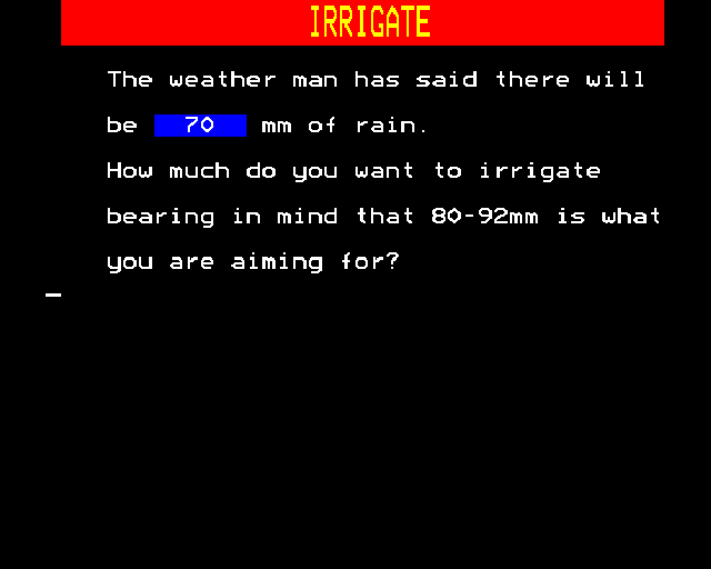 Farmer (BBC Micro) screenshot: Irrigating